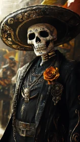 Skeleton mariachi in ornate sombrero with golden rose.