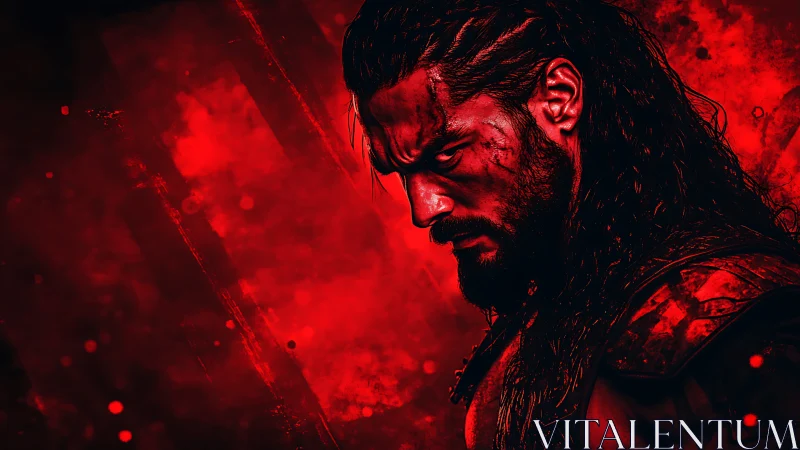 Brooding warrior in scarlet haze with intense side profile.