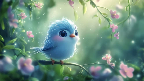 Cute blue cartoon bird on branch in dreamy floral fantasy art.