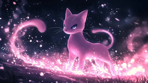 Starlit pink spirit cat strides through sparkling nightfire.