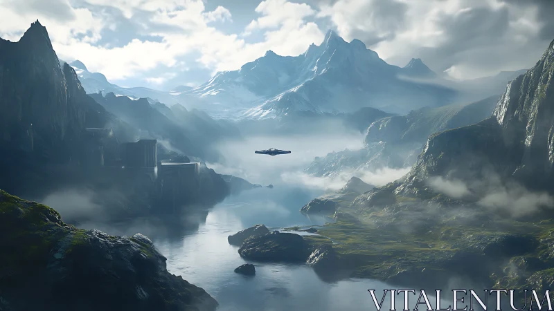 Futuristic dropship traverses misted alpine river valley