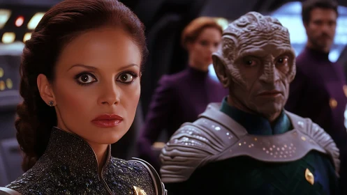 Human commander and alien diplomat share tense starship moment.