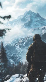Soldier stands watch over vast snowy mountain range.