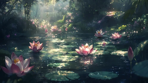 Sunlit lotus pond shimmers softly in a tranquil forest glade