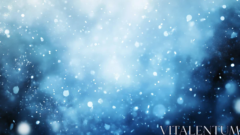 Defocused blue bokeh snowfall particles in soft atmospheric haze