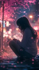 Melancholy girl rests beneath glowing cherry blossoms at dusk.