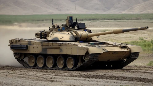 Powerful desert tank rolling across open sandy terrain.