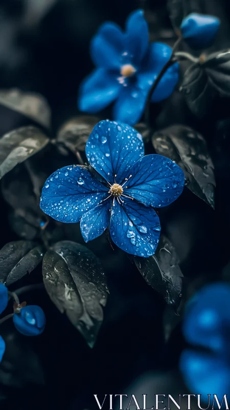 Cerulean bloom with dewdrops in selective focus composition.
