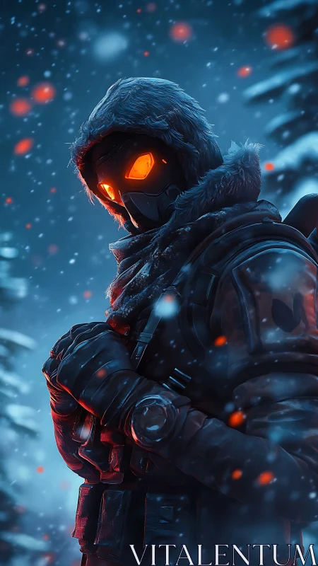 Ember-eyed winter sentinel stalking through the frozen hush.