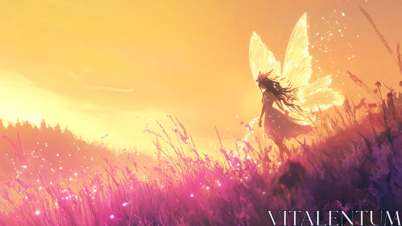 Luminous meadow wings drift through molten sunset air