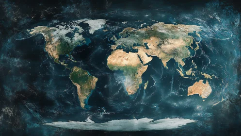 Textured world map with satellite-style continents and oceans