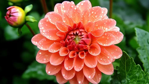 Coral dahlia bloom covered with water droplets in sunlight