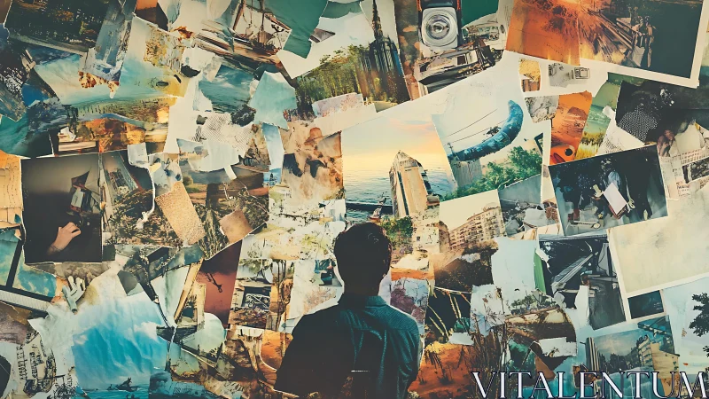 Silhouetted viewer studies expansive photographic collage wall