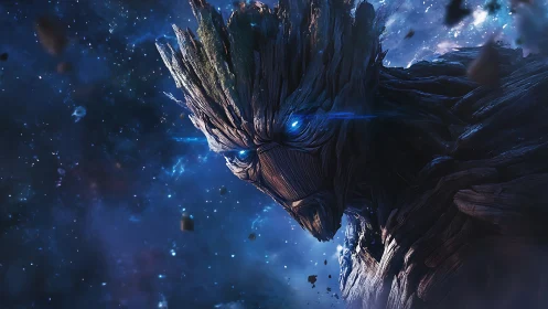 Cosmic wooden guardian glares across deep starfield void