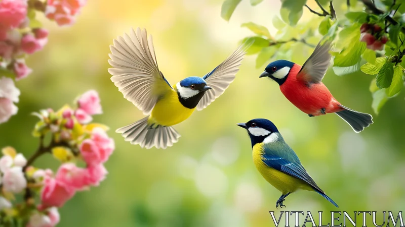 Colorful songbirds in spring garden, soft bokeh nature photography.