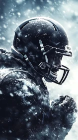 Gritted football warrior in blizzard-lit sideline profile.