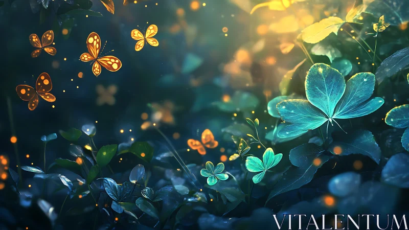 Bioluminescent butterflies over luminescent clover canopy at dusk.