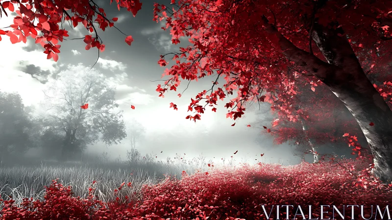 Crimson forest glow in a dreamy silver morning mist.
