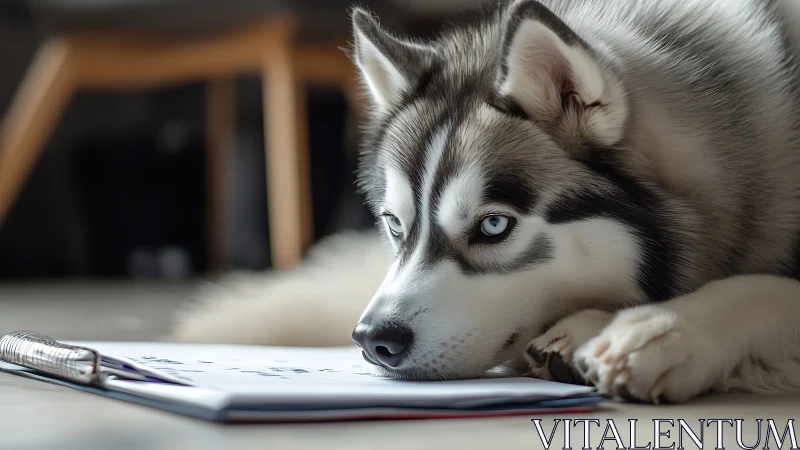 Daydreaming husky scholar guarding half-finished homework pages.