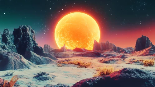 Molten sunrise drifting above frosted alien badlands.