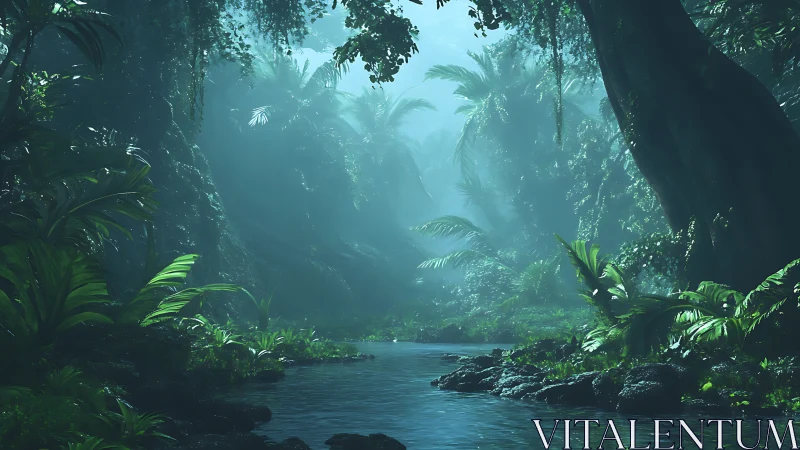 Luminescent Jungle Ravine: Atmospheric Subcanopy Stream Vista.