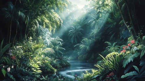 Luminous Jungle Sanctuary with Cenote Stream and Atmospheric Light