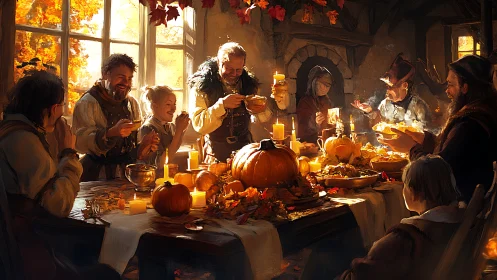 Rustic harvest feast with candles and autumn pumpkins.