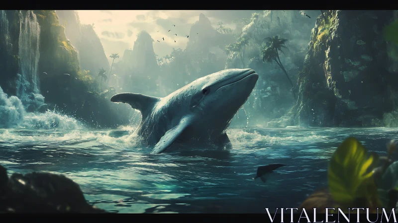 Giant whale breaches in cinematic tropical cove environment