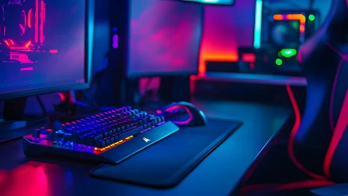 RGB-lit gaming battlestation with mechanical keyboard in shallow focus