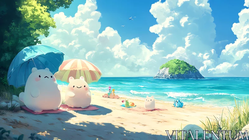 Cute plush creatures relax on a sunny, dreamy island beach