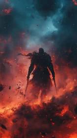 Flaming warrior strides through inferno beneath stormy sky.
