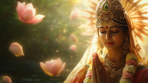 Woman in ornate ceremonial attire prays among lotus flowers