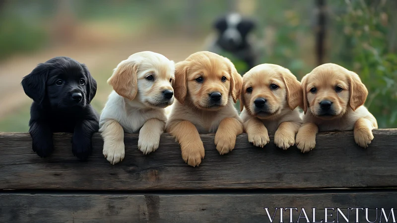 Golden retriever puppies lean over rustic wooden fence rail
