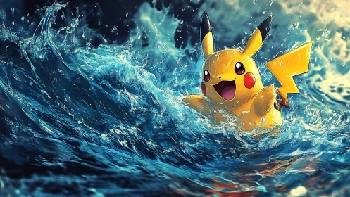 Electric mascot surges through dynamic teal storm waves.