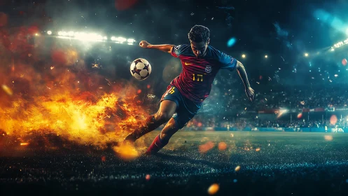 Soccer player striking ball on fiery night stadium pitch.