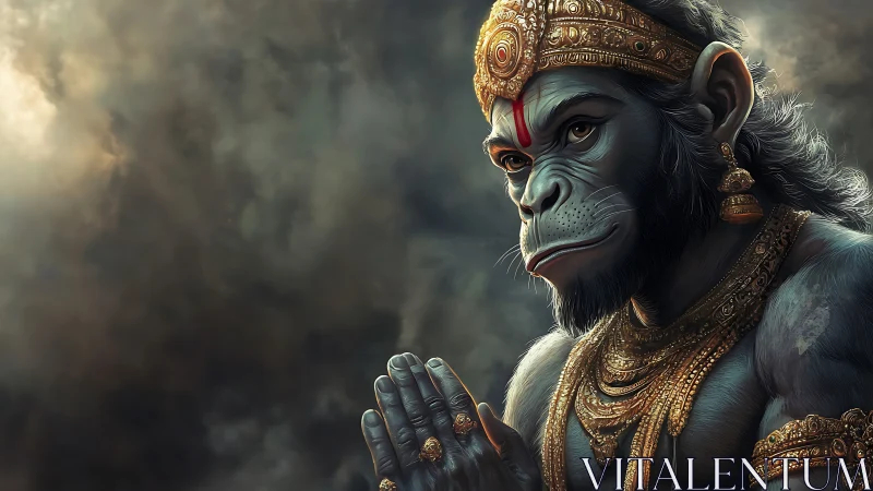 Divine simian warrior rendered in dramatic digital chiaroscuro