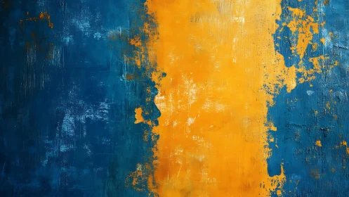 Bold abstract painting with textured blue and yellow colors.