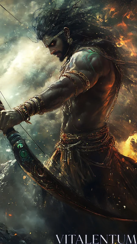 Mythic archer warrior with ornate bow amid stormfire sky