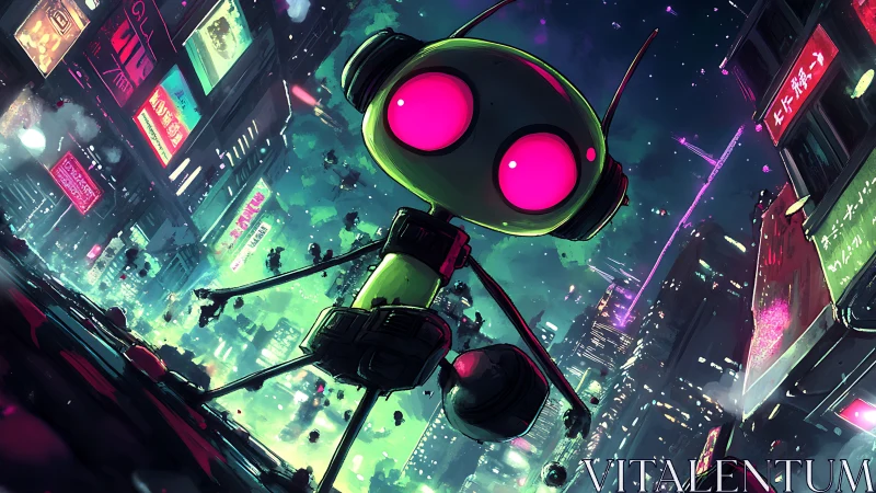 Neon eyed cartoon robot in tilted cyberpunk city street.