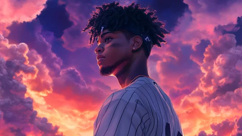 Baseball player portrait under vivid purple sunset sky.