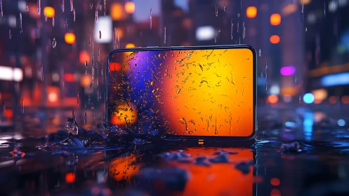 Waterproof smartphone stands bright against neon city rain.