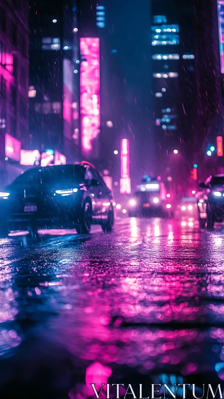 Neon-lit wet city street with cars under shallow depth-of-field bokeh