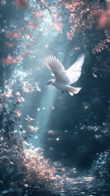White dove in flight over softly lit forest pathway.
