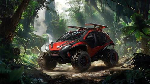 Off-road buggy with oversized tires navigates dense jungle trail
