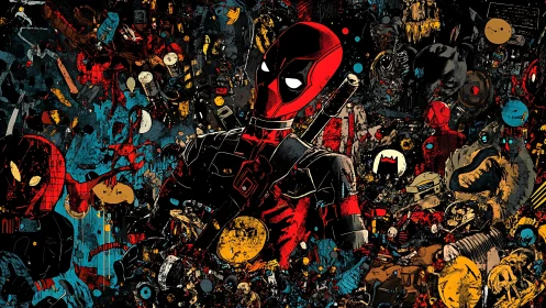 Masked antihero in chaotic comic graffiti environment.