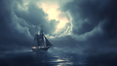 Tall ship sails through dense sea fog toward bright sky gap