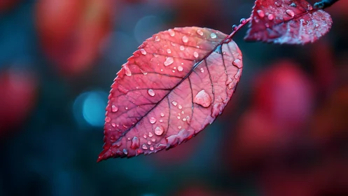 Red autumn leaf glows with raindrops against cool bokeh haze