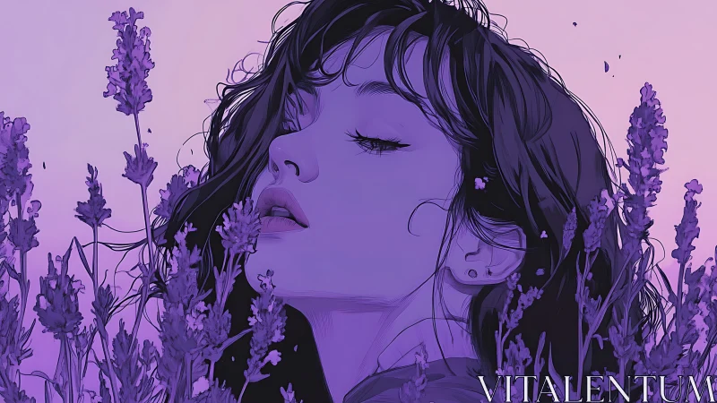 Serene woman in lavender field bathed in violet dusk light.