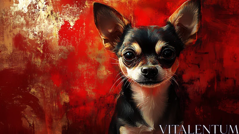 Tiny chihuahua muse against a bold red painterly world.
