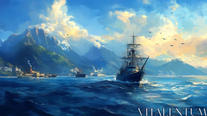 Tall ship sails toward sunlit harbor between vast mountains.